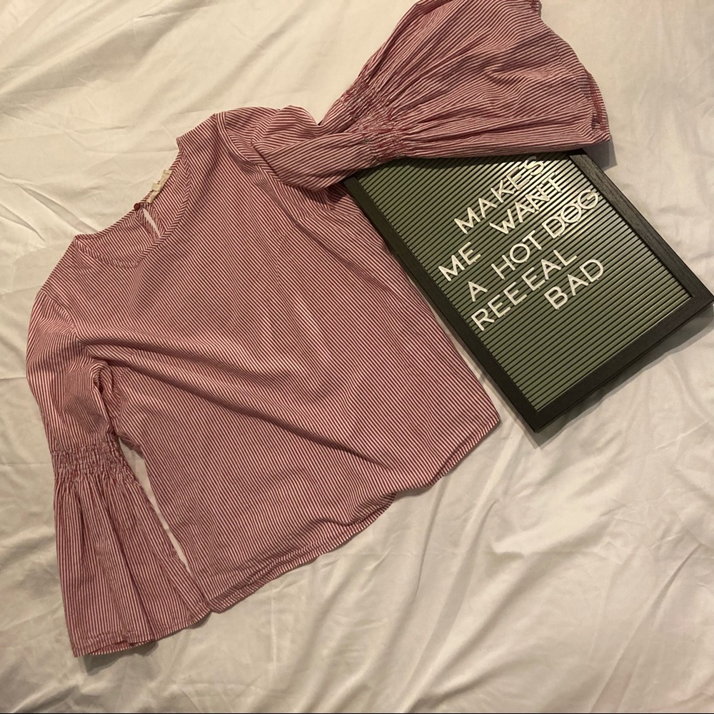 Long Bell Sleeve Red & White Striped Linen Blouse